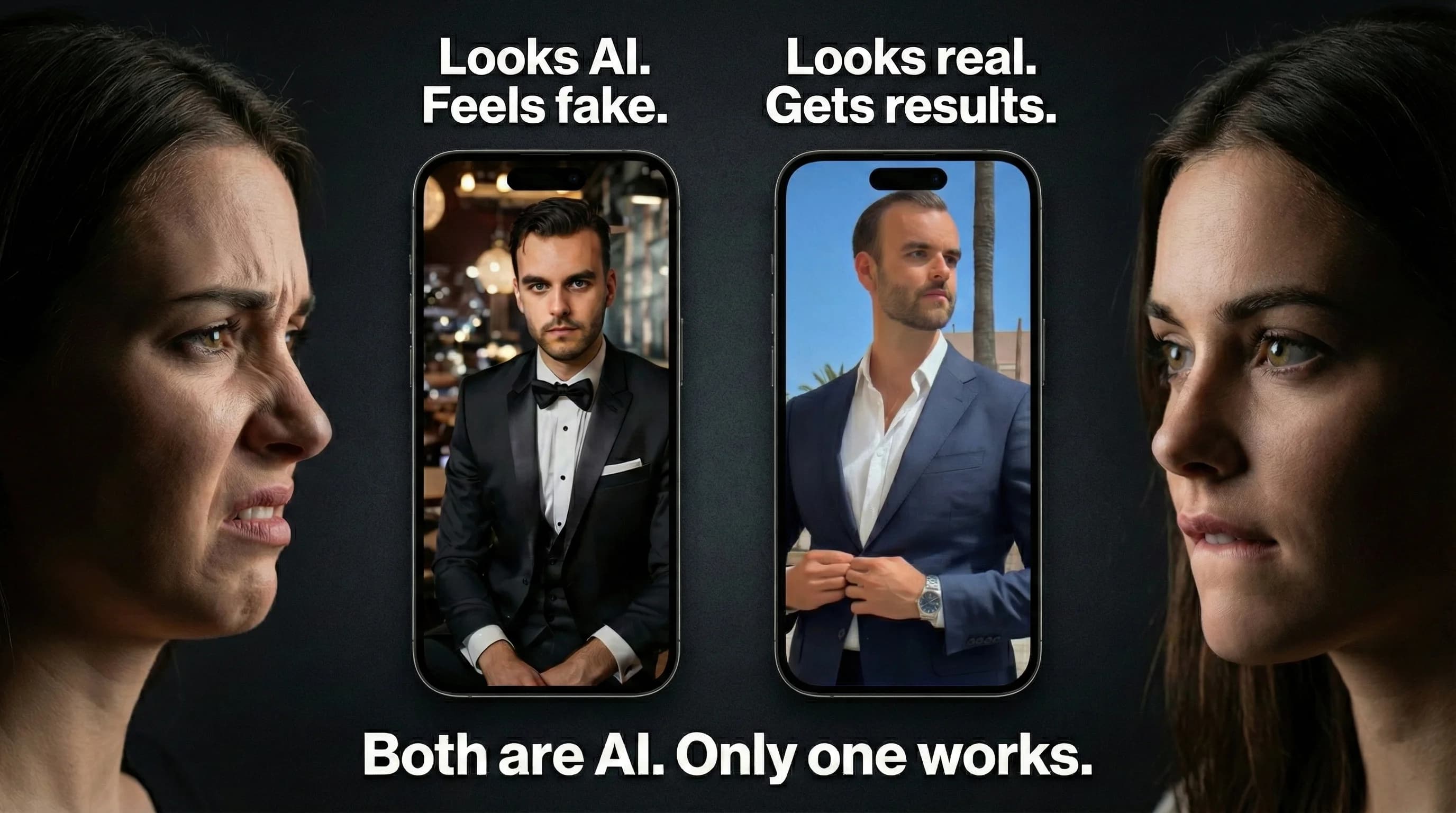Comparison of quality AI dating photos versus generic fake-looking AI photos