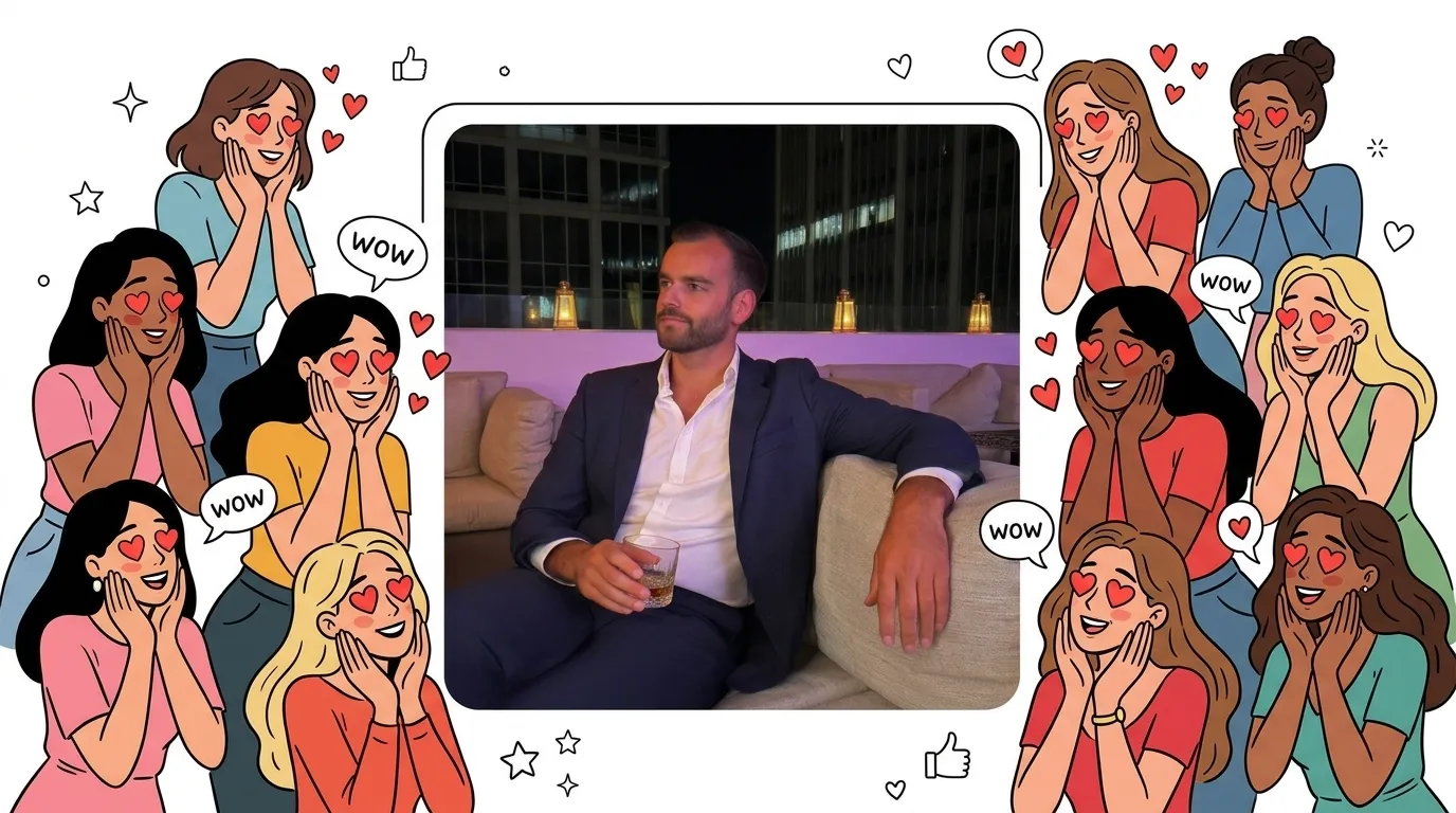 Dating profile photo of a man surrounded by swooning women — best dating profile photos for men