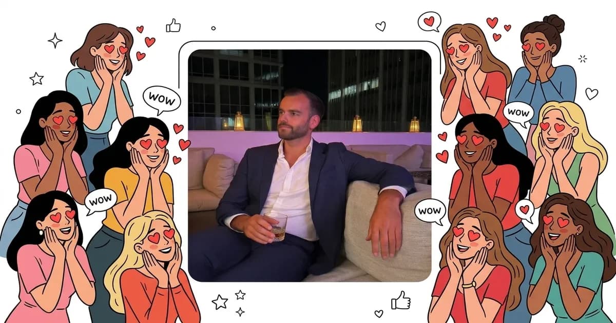 Dating profile photo of a man surrounded by swooning women — best dating profile photos for men