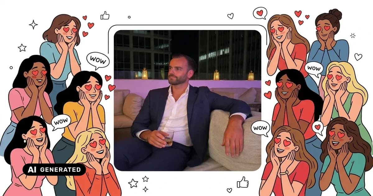 Dating profile photo of a man surrounded by swooning women — best dating profile photos for men — AI-generated
