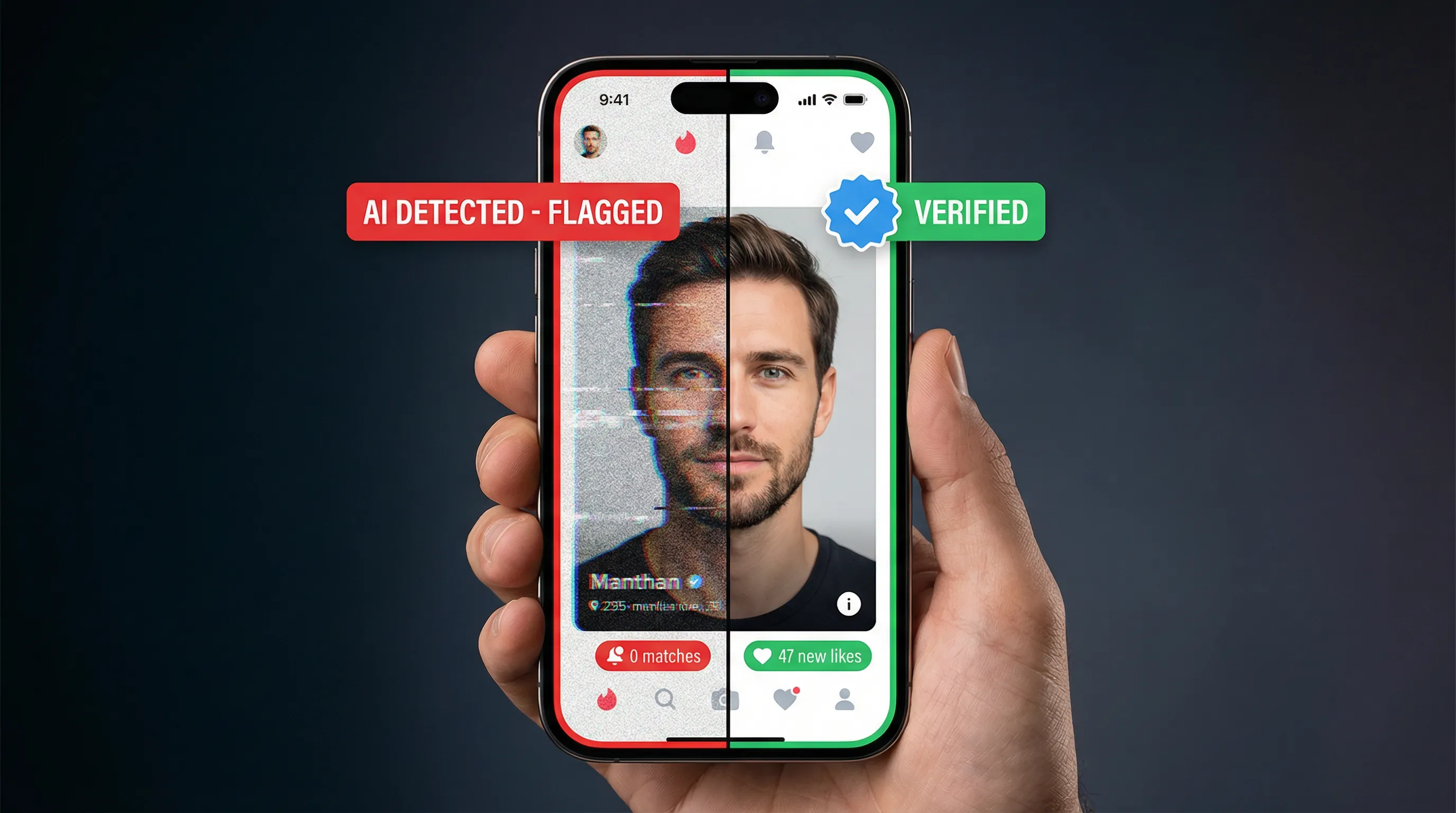 AI photo detection concept showing how dating apps analyze images