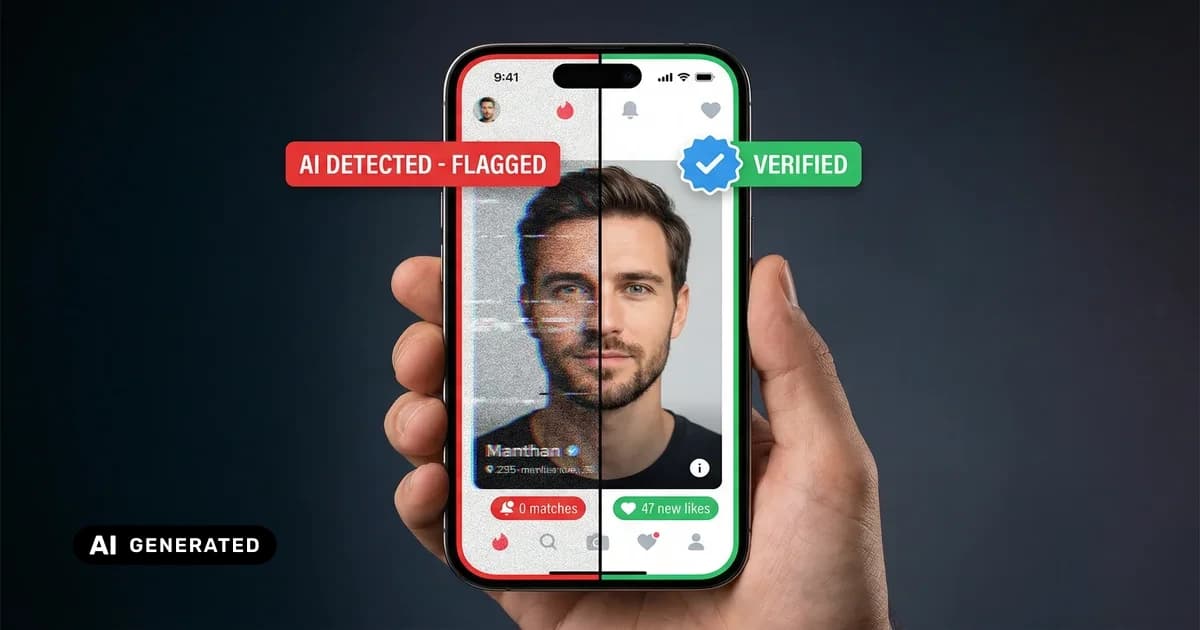 AI photo detection concept showing how dating apps analyze images — AI-generated