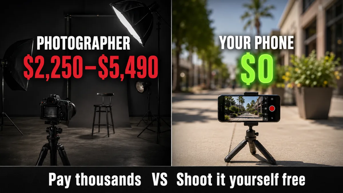 Dating profile photoshoot — a man shooting his own naturally lit dating photos outdoors with a phone on a tripod