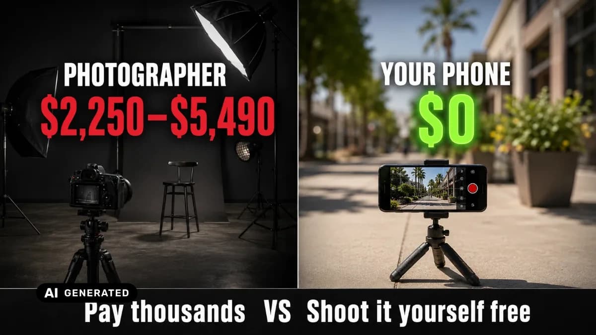 Dating profile photoshoot — a man shooting his own naturally lit dating photos outdoors with a phone on a tripod — AI-generated