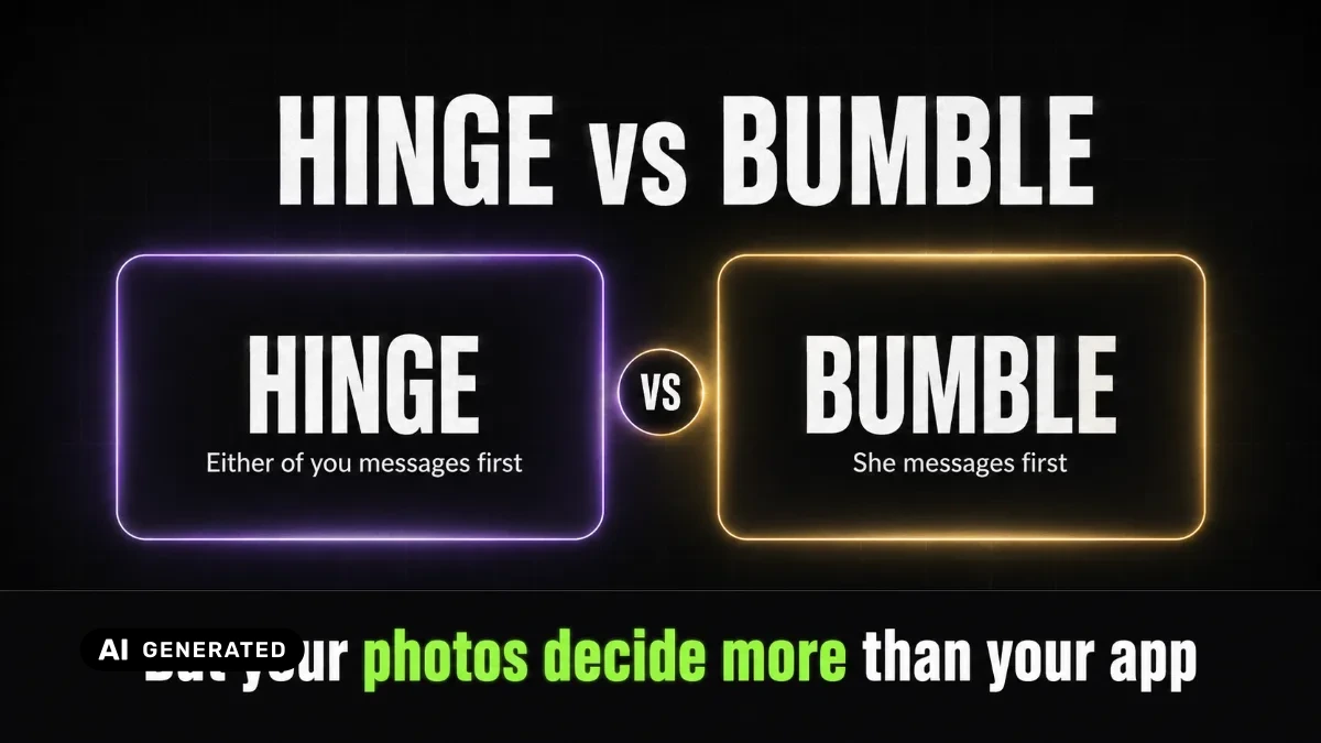 Hinge vs Bumble 2026 comparison for guys — two dating apps side by side — AI-generated