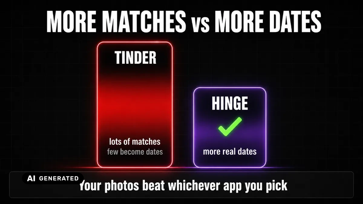 Hinge vs Tinder 2026 comparison for guys — two dating apps side by side — AI-generated