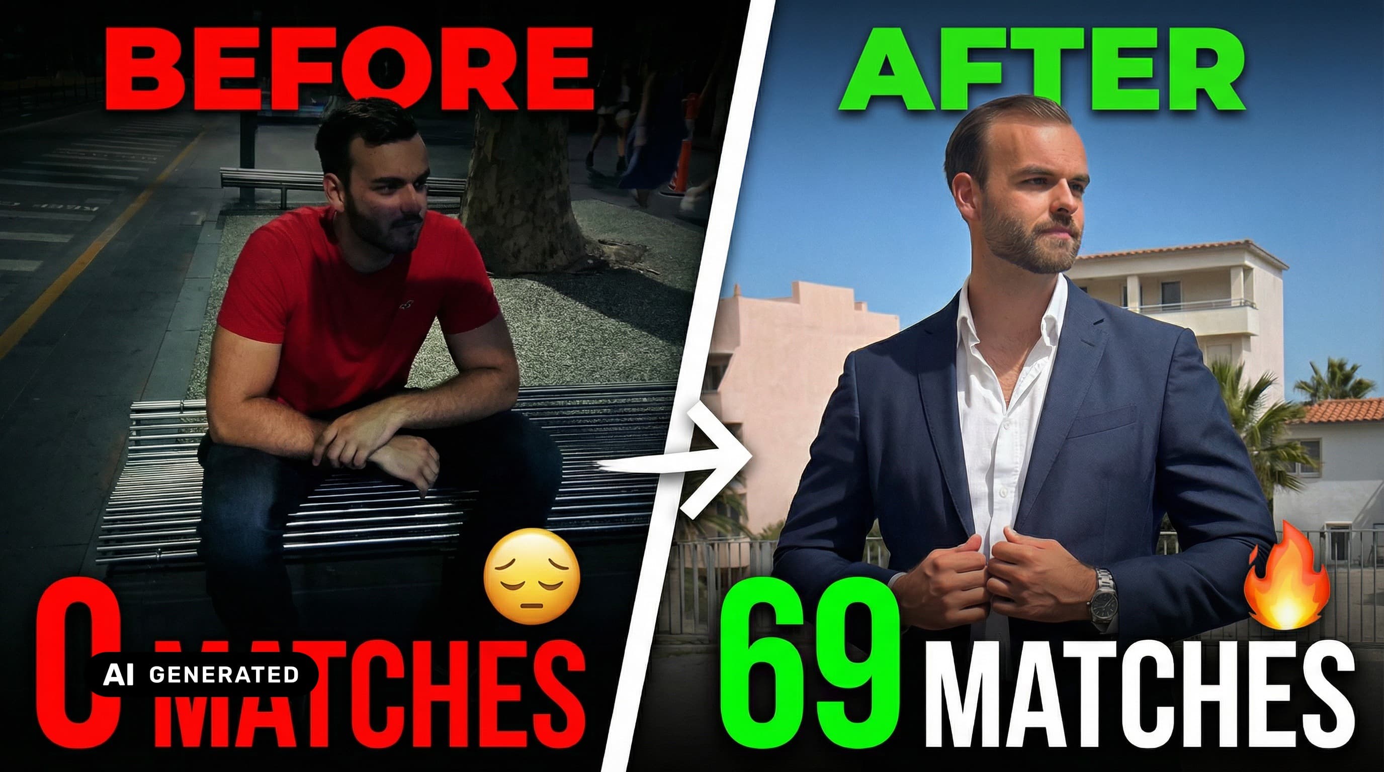 Before and after dating profile transformation — AI-generated