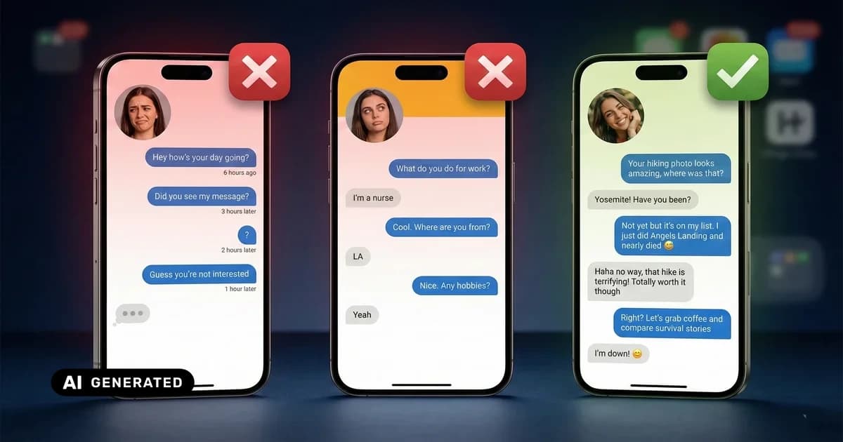 Guy texting on dating app making common messaging mistakes — AI-generated