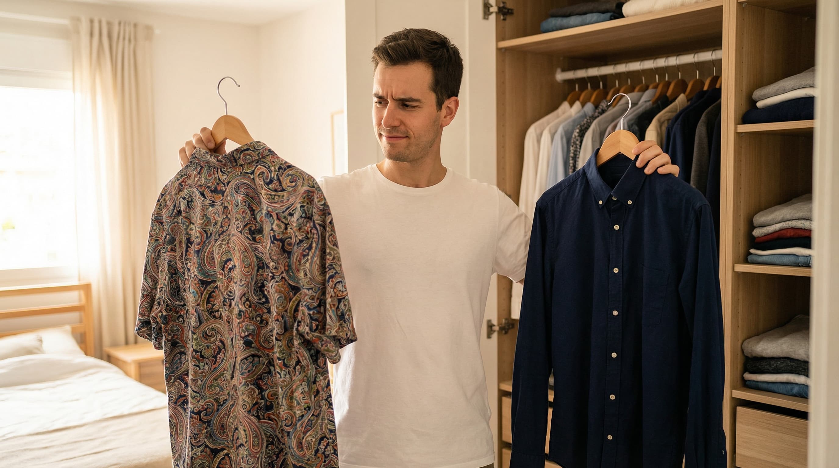 Man choosing outfit for dating profile photos