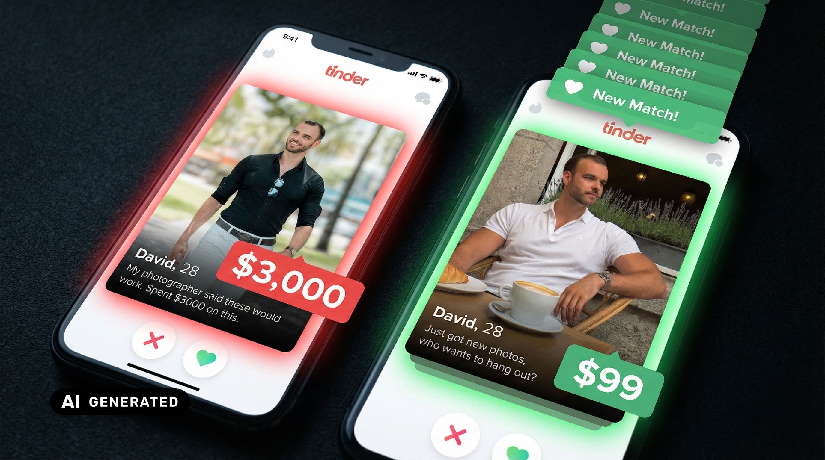 Professional vs natural dating profile photo comparison — AI-generated