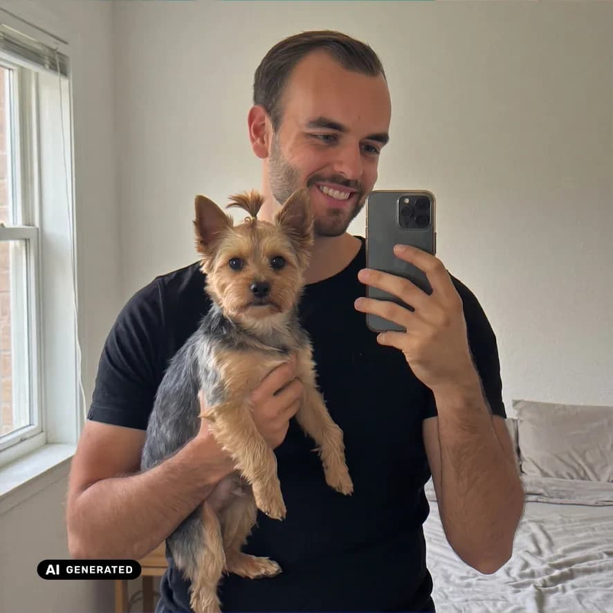 Sample AI dating photo — with the dog — AI-generated