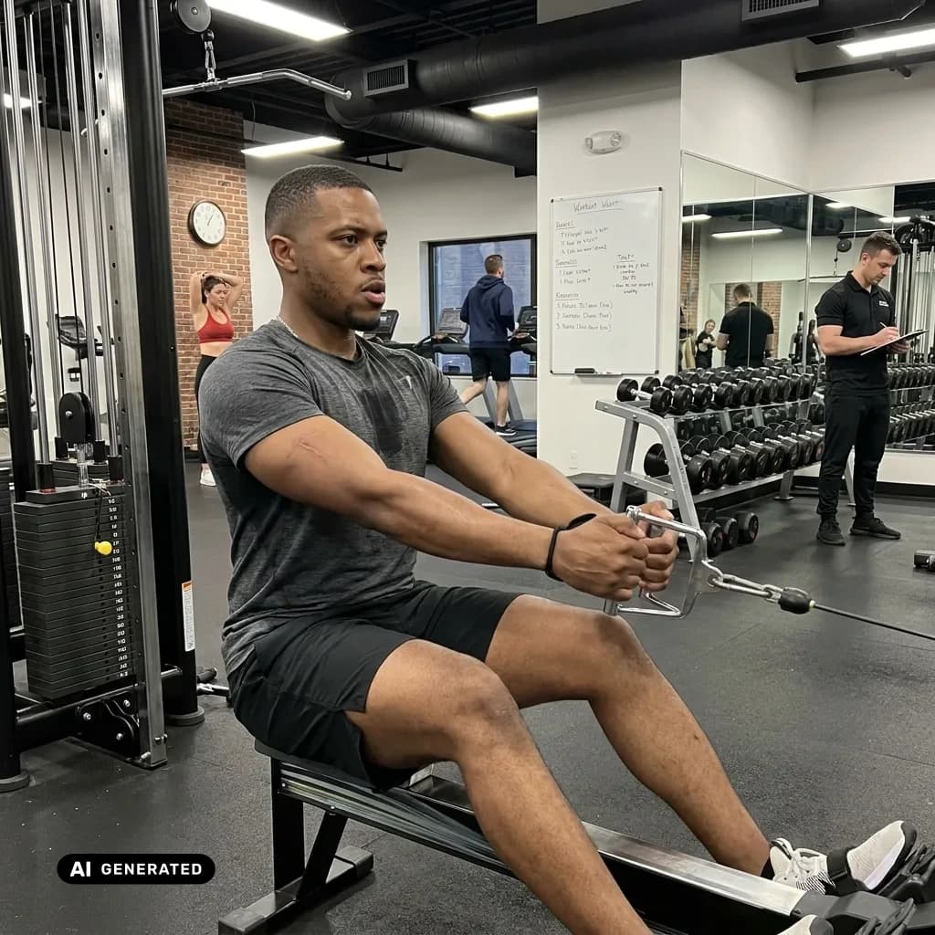 Sample AI dating photo — gym cable row — AI-generated