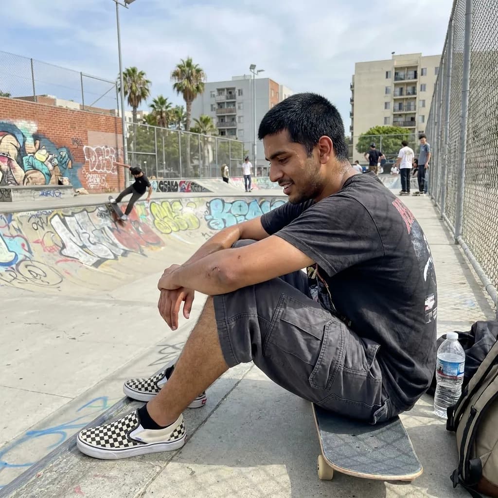 Sample AI dating photo — skatepark — between tries