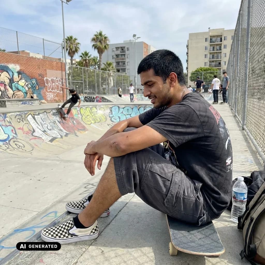 Sample AI dating photo — skatepark — between tries — AI-generated
