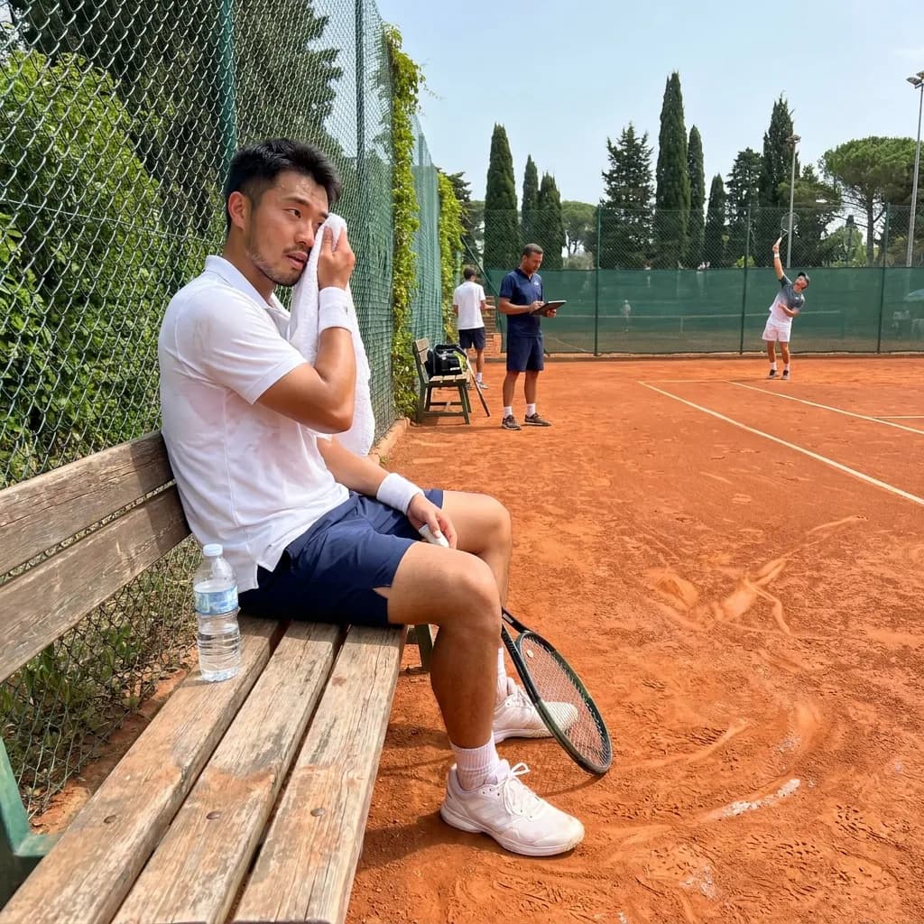 Sample AI dating photo — courtside tennis bench