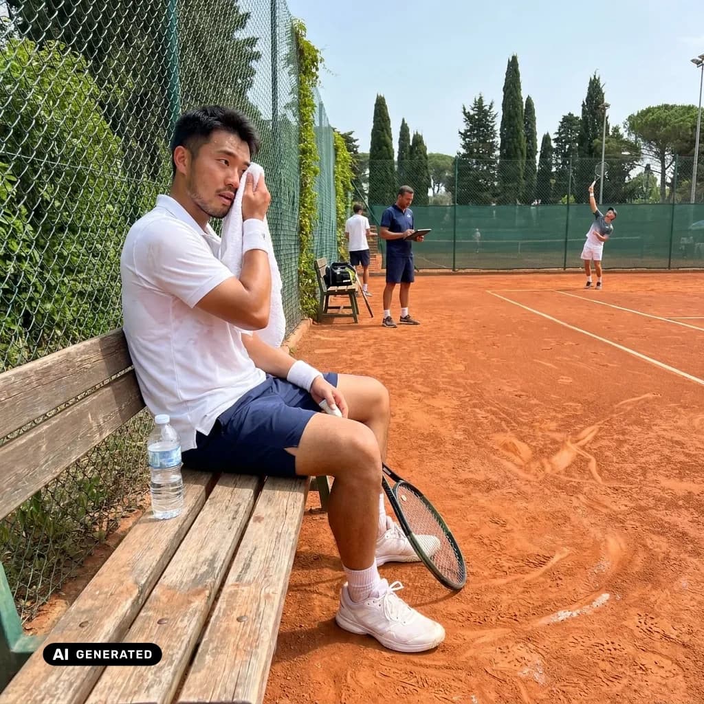 Sample AI dating photo — courtside tennis bench — AI-generated