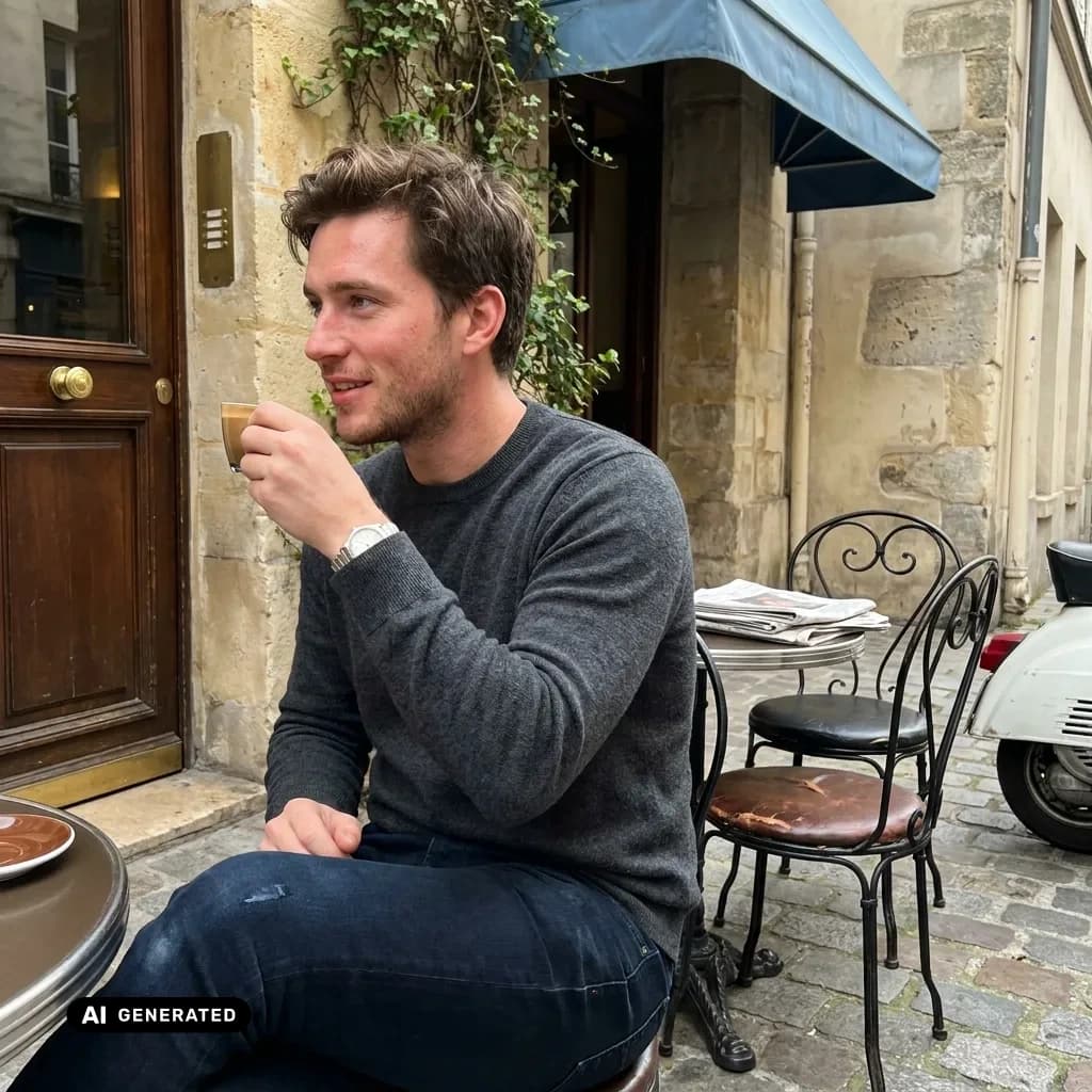 Sample AI dating photo — old-town cafe — AI-generated