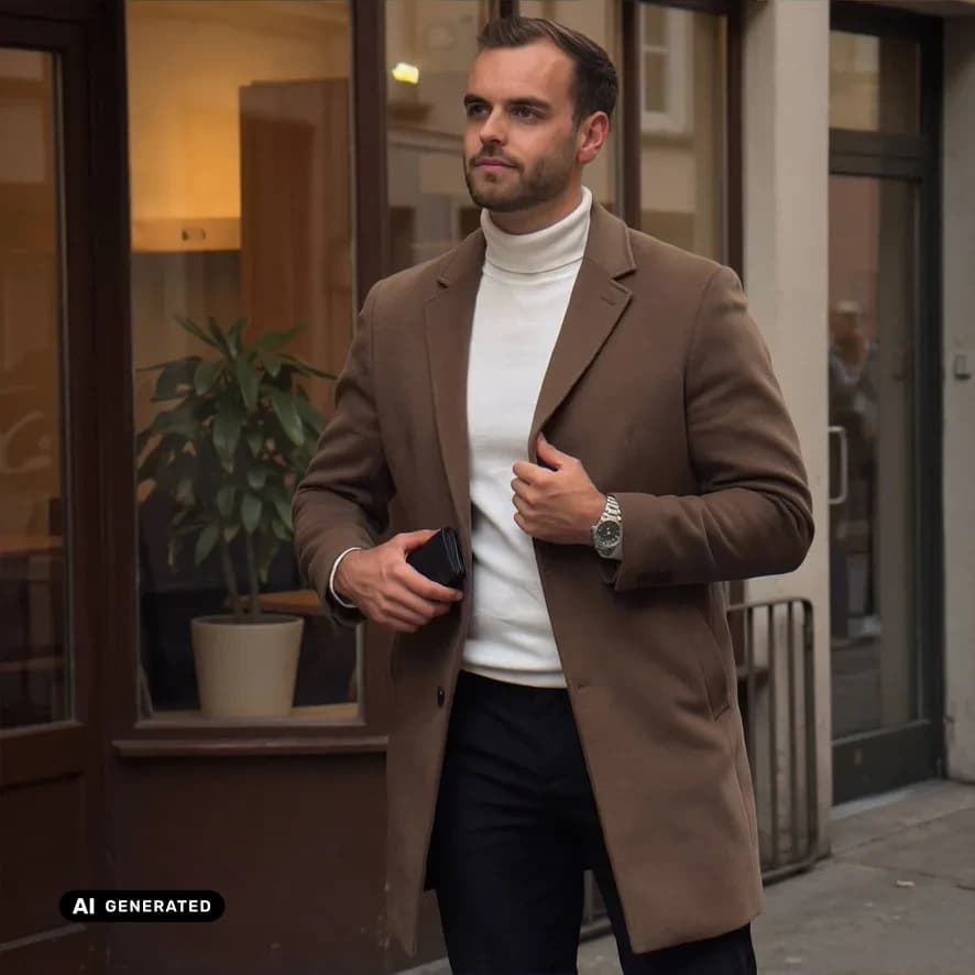 Sample AI dating photo — in a coat — AI-generated