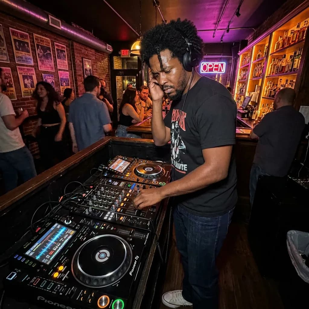 Sample AI dating photo — DJing at a small bar