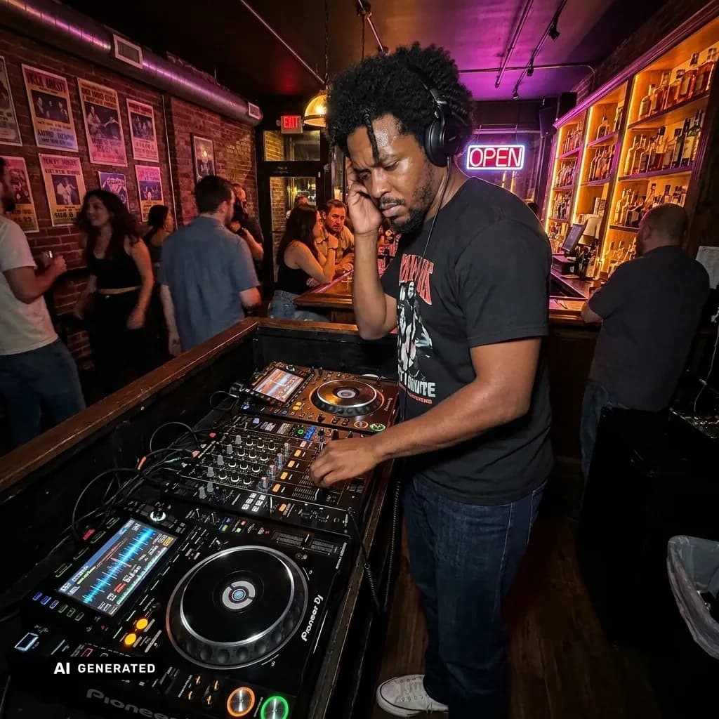 Sample AI dating photo — DJing at a small bar — AI-generated