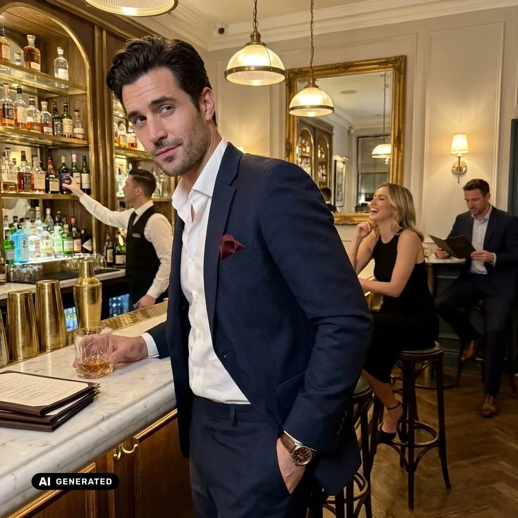 Sample AI dating photo — hotel bar — AI-generated