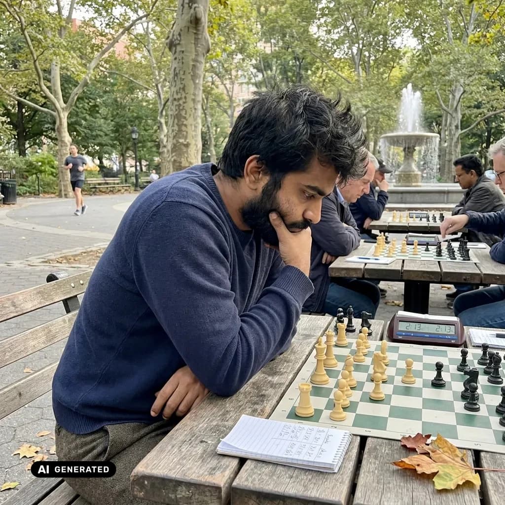 Sample AI dating photo — chess in the park — AI-generated