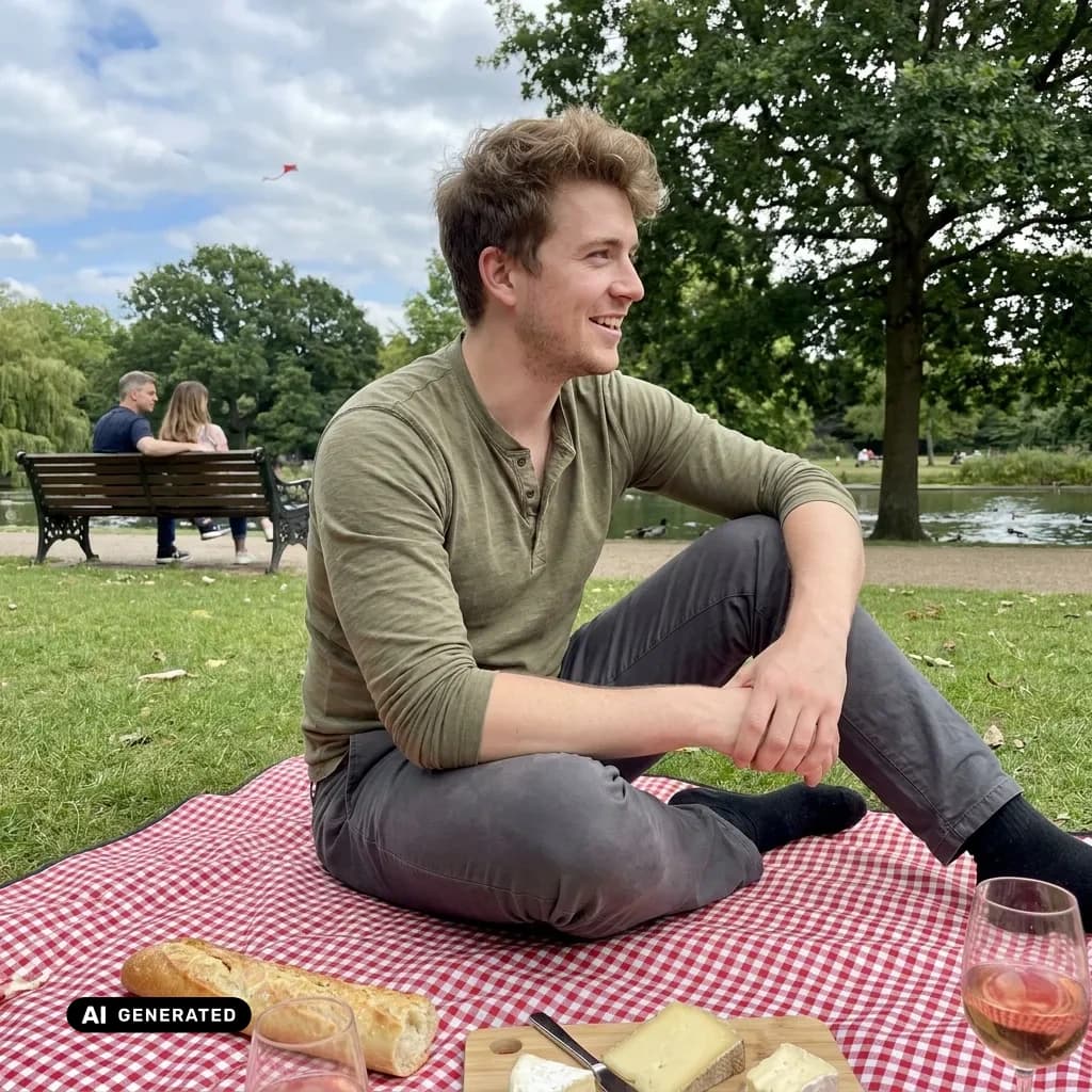 Sample AI dating photo — park picnic — AI-generated