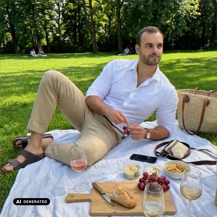 Sample AI dating photo — picnic in the grass — AI-generated