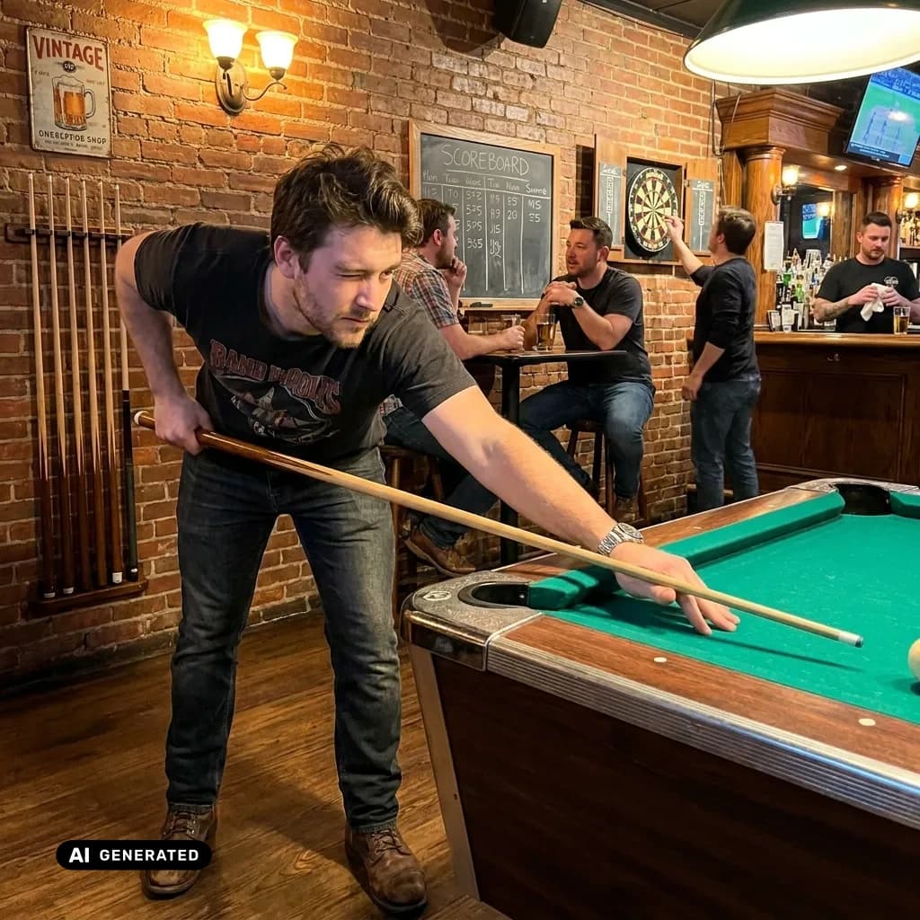 Sample AI dating photo — pool table at the pub — AI-generated
