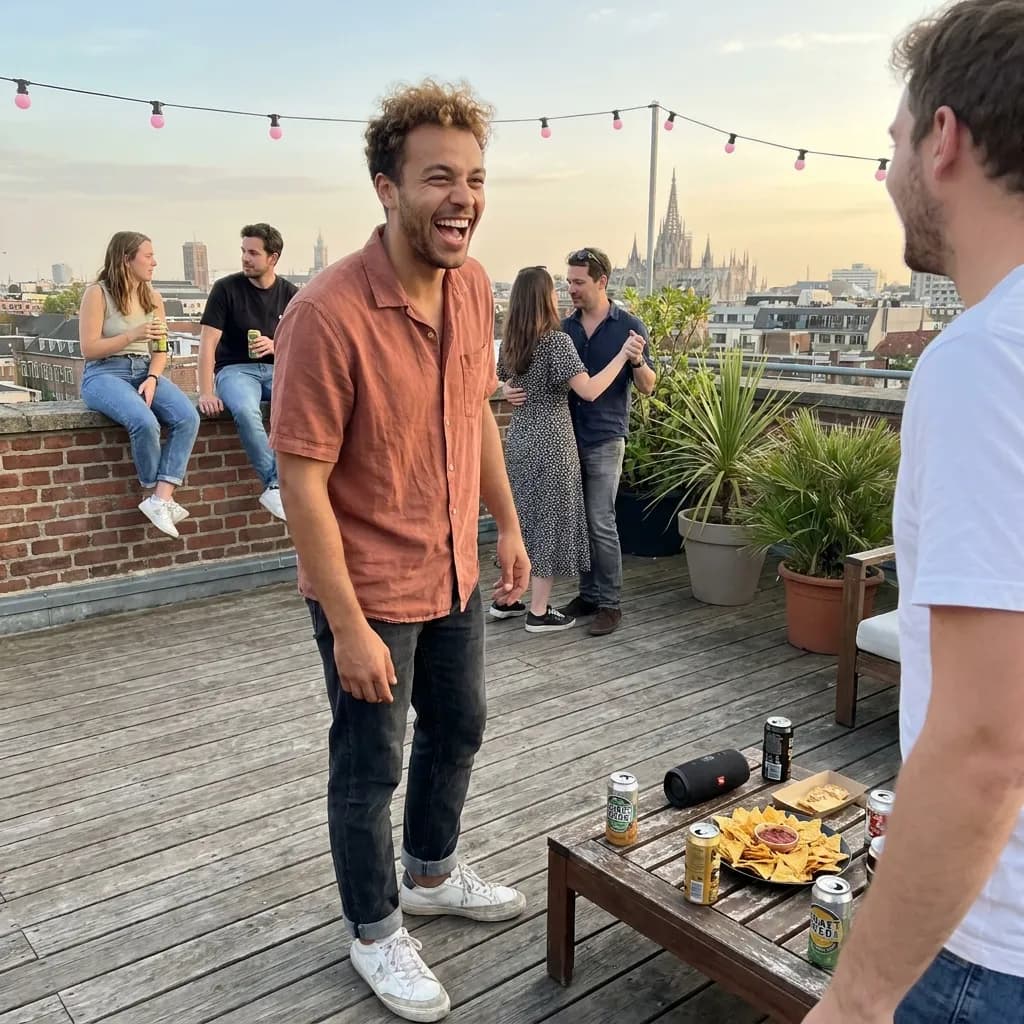 Sample AI dating photo — rooftop with friends