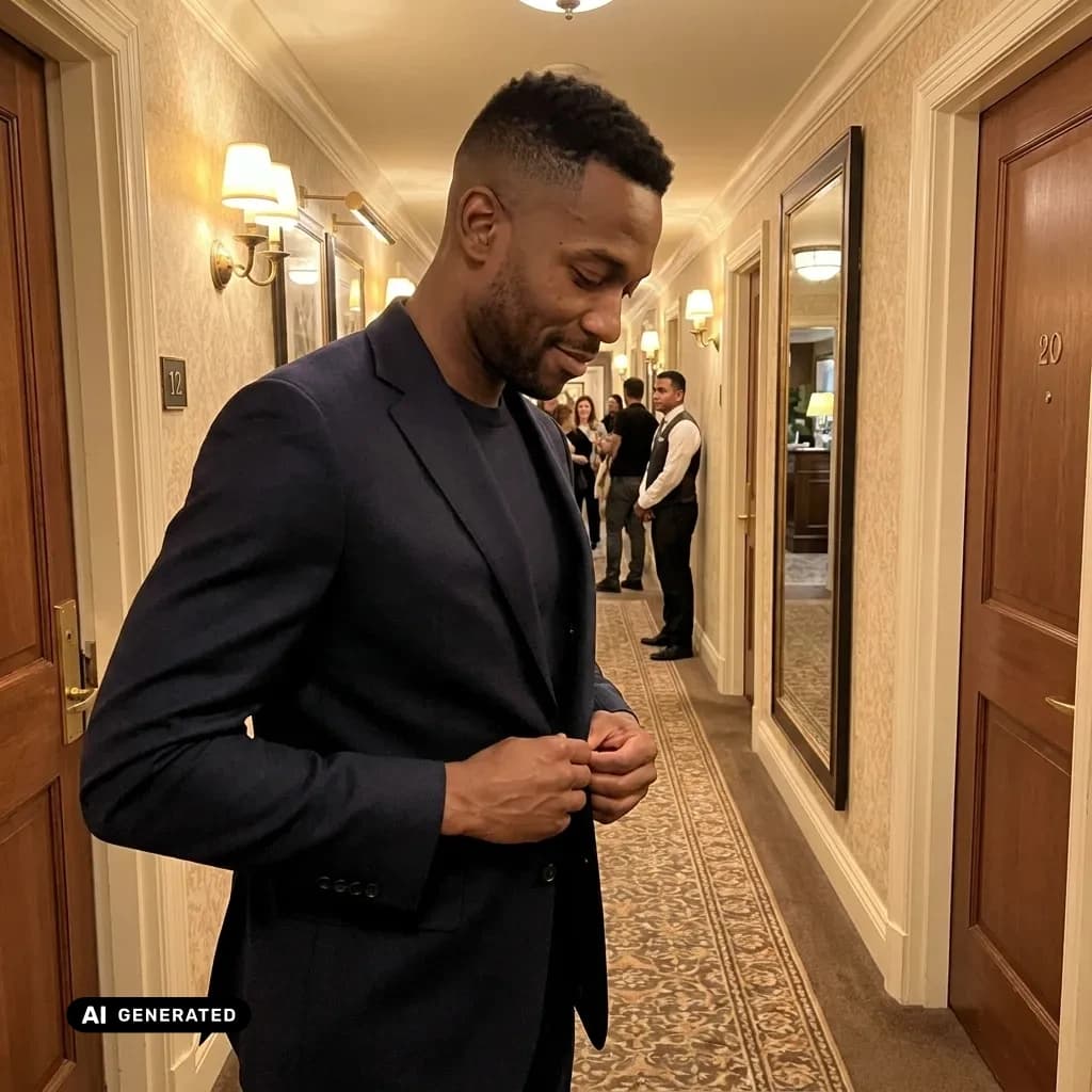 Sample AI dating photo — buttoning the suit jacket — AI-generated