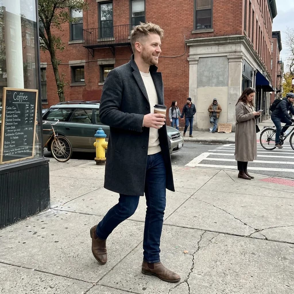 Sample AI dating photo — morning coffee walk