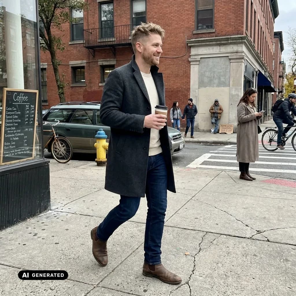 Sample AI dating photo — morning coffee walk — AI-generated