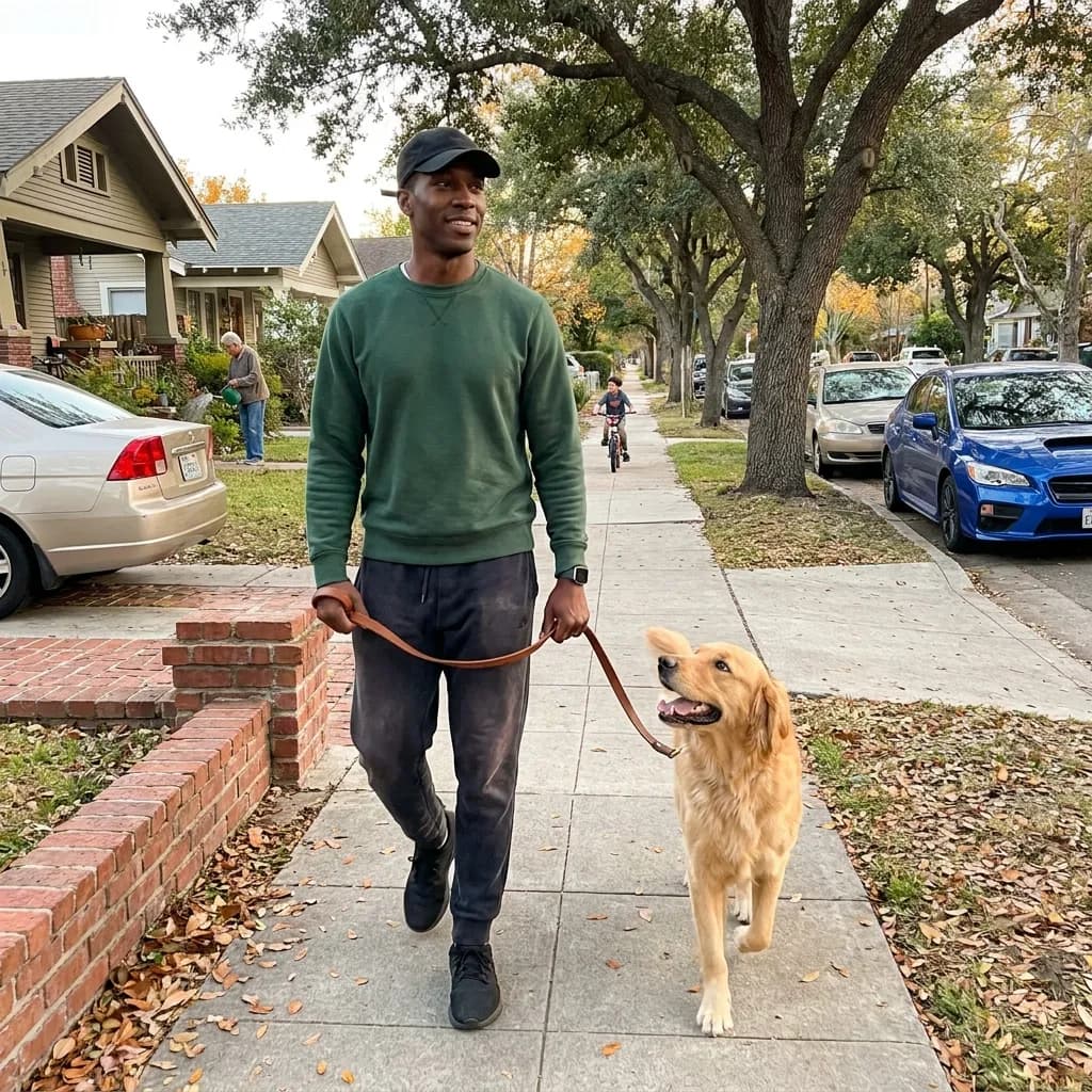 Sample AI dating photo — neighborhood dog walk