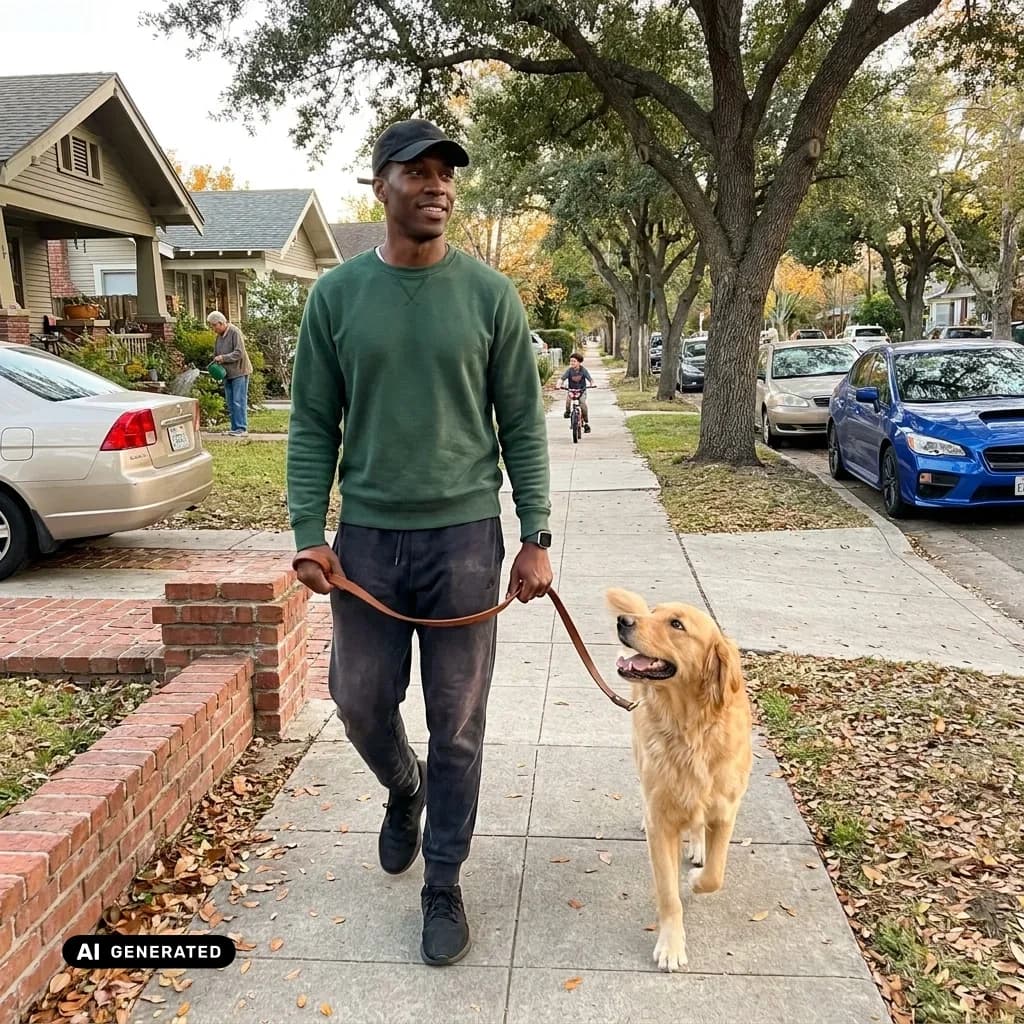 Sample AI dating photo — neighborhood dog walk — AI-generated