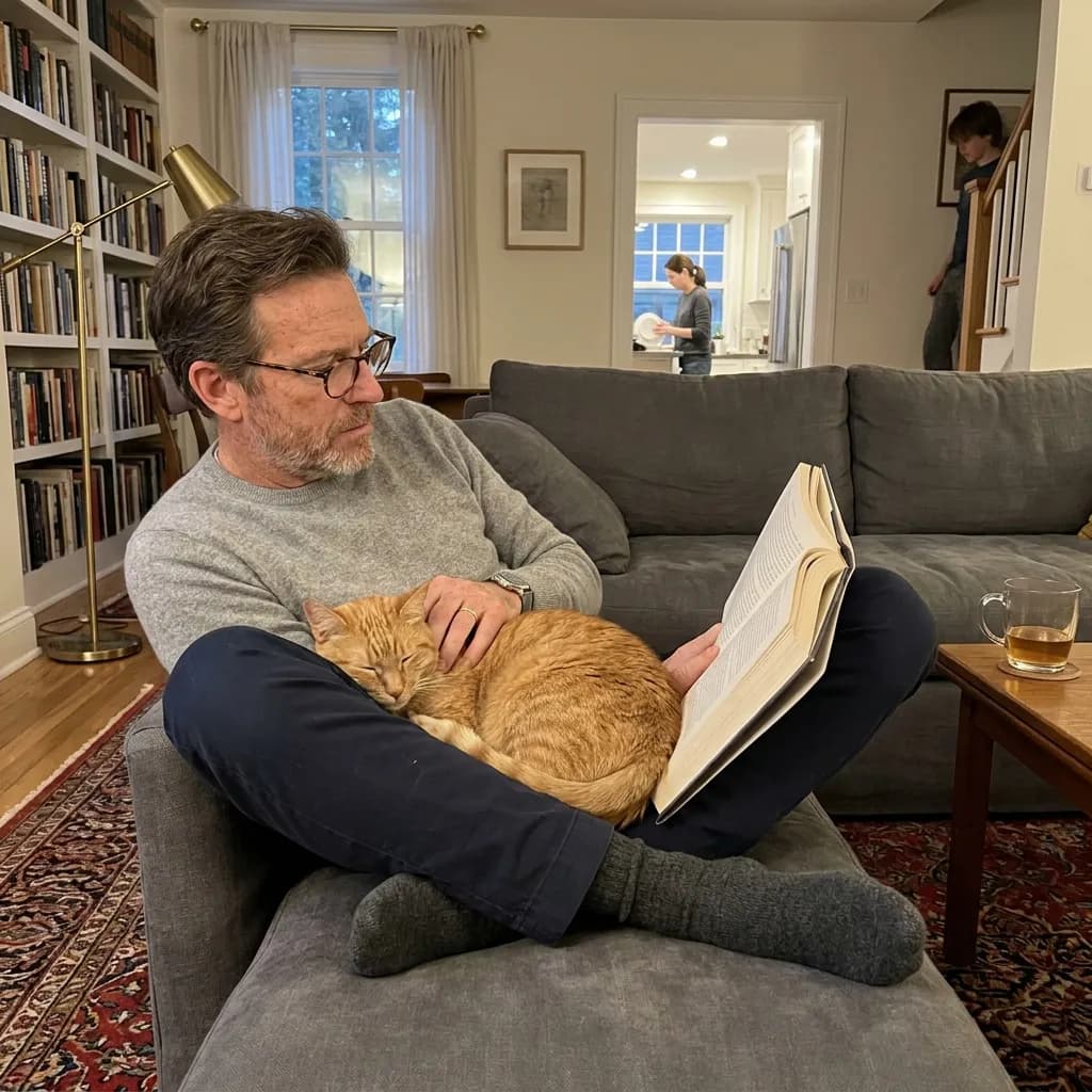 Sample AI dating photo — reading on the couch