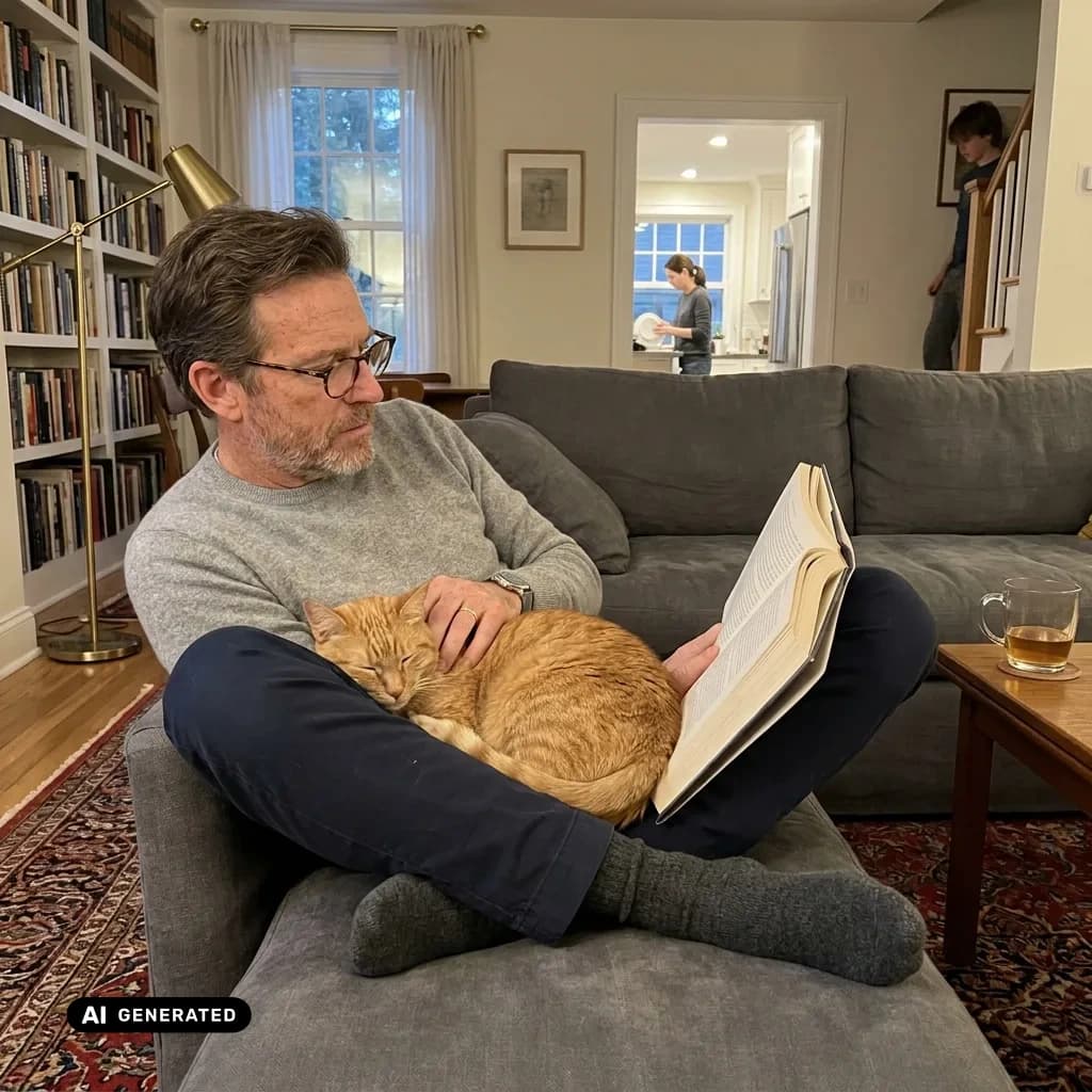 Sample AI dating photo — reading on the couch — AI-generated