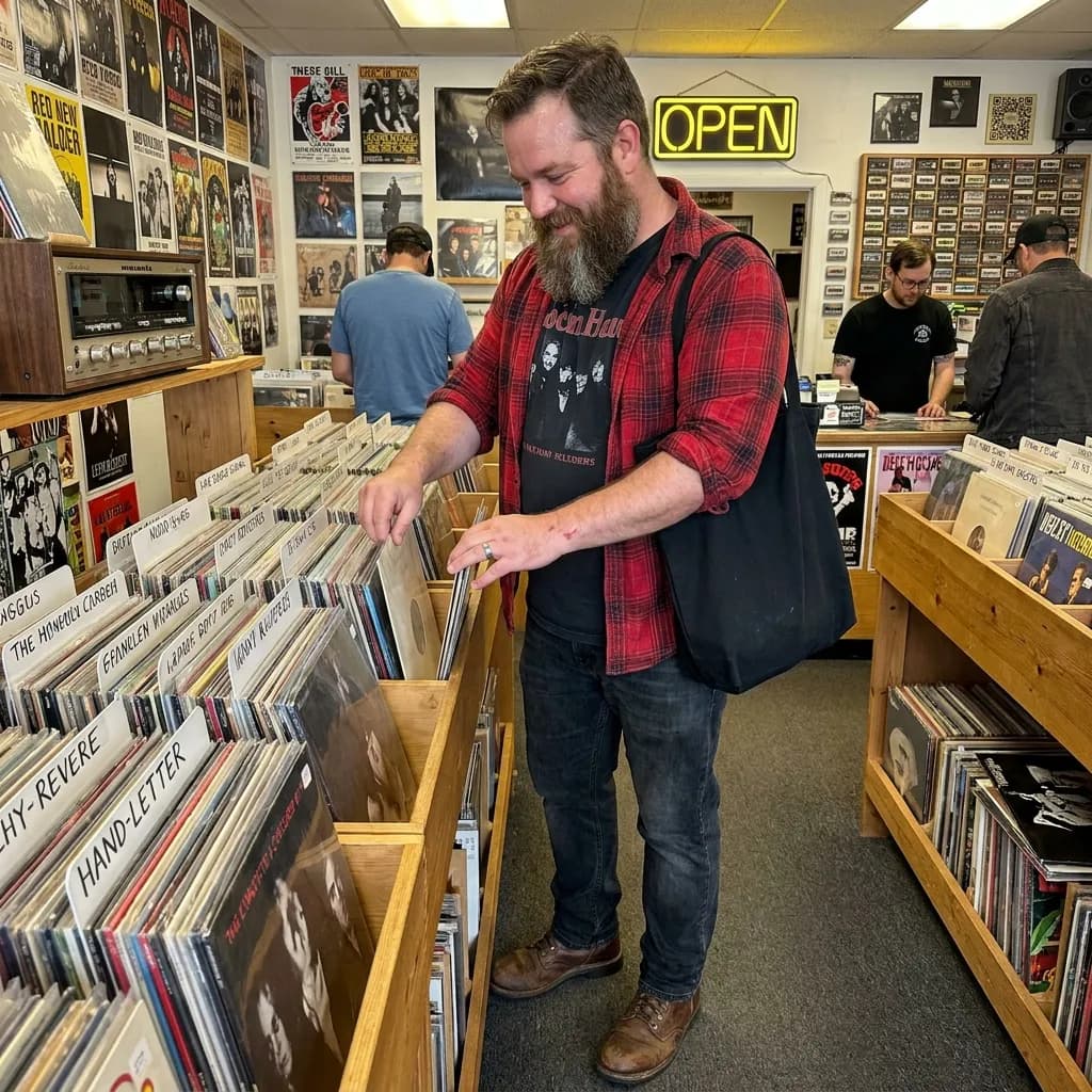 Sample AI dating photo — vinyl record shop