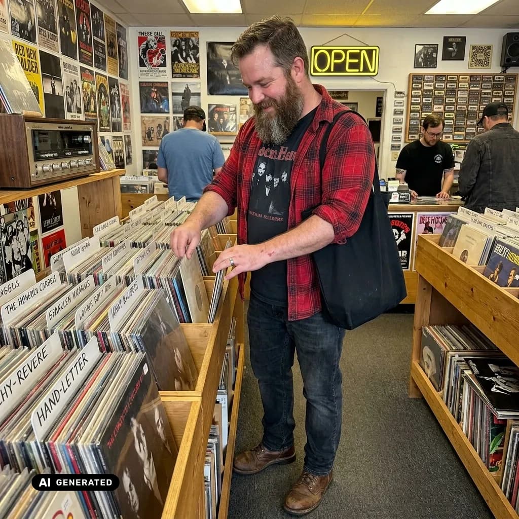 Sample AI dating photo — vinyl record shop — AI-generated