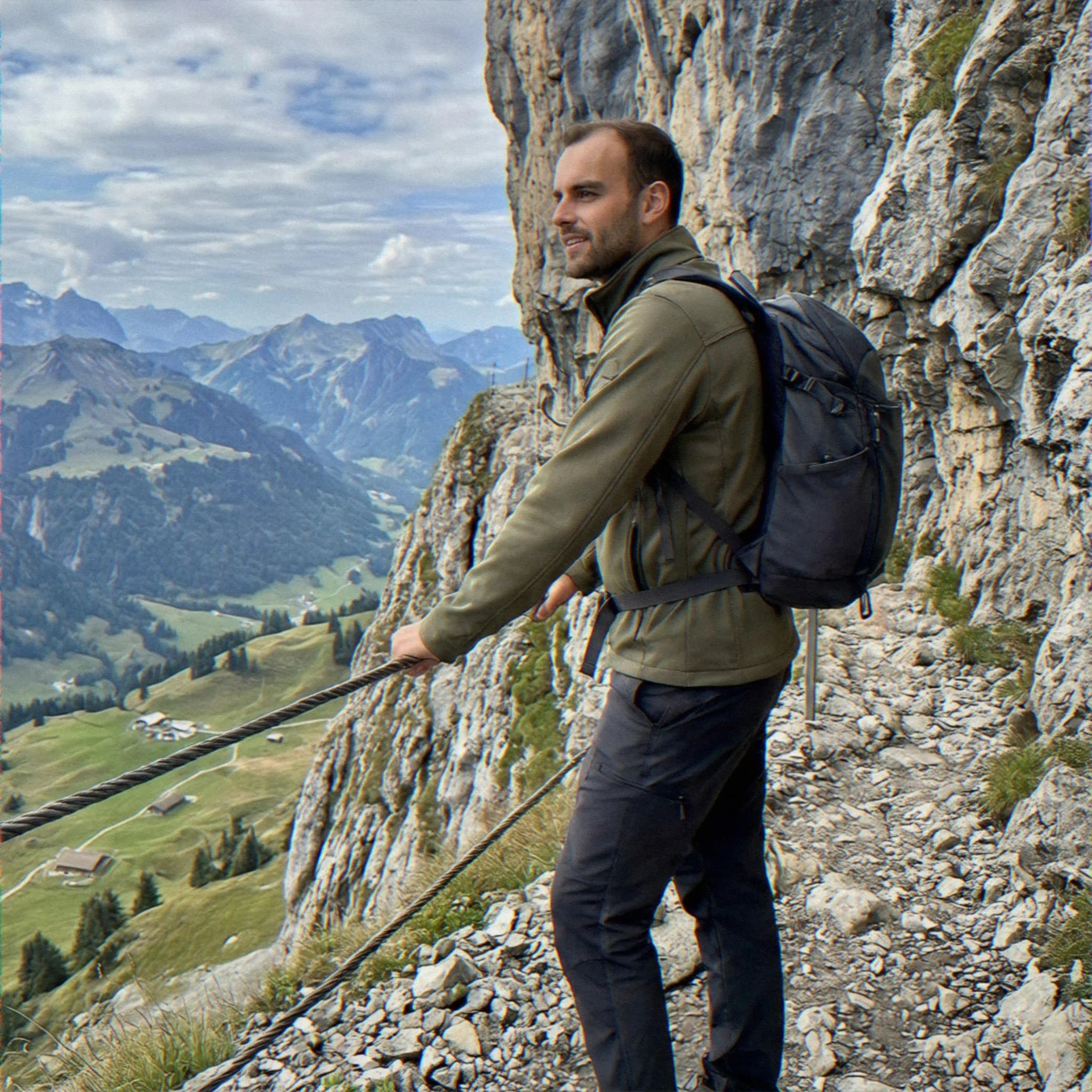 Sample AI dating photo — alpine cliff viewpoint