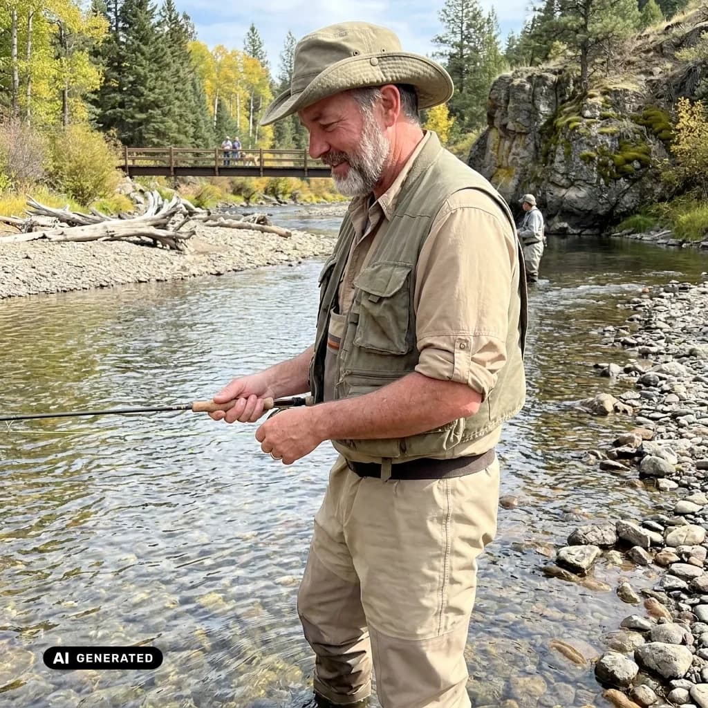 Sample AI dating photo — fly fishing the river — AI-generated