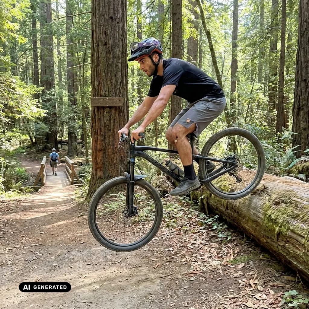 Sample AI dating photo — mountain biking — AI-generated