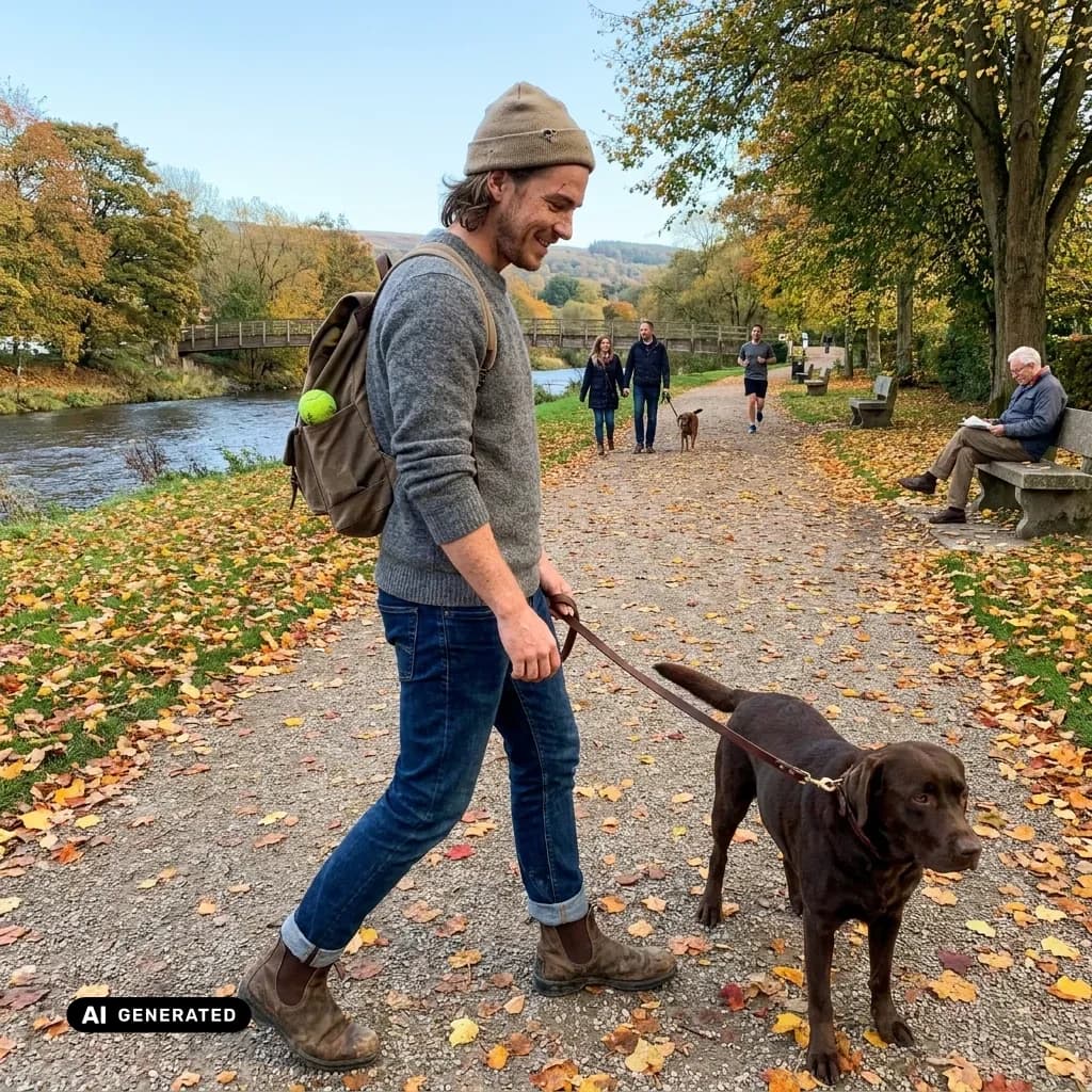 Sample AI dating photo — autumn river walk — AI-generated