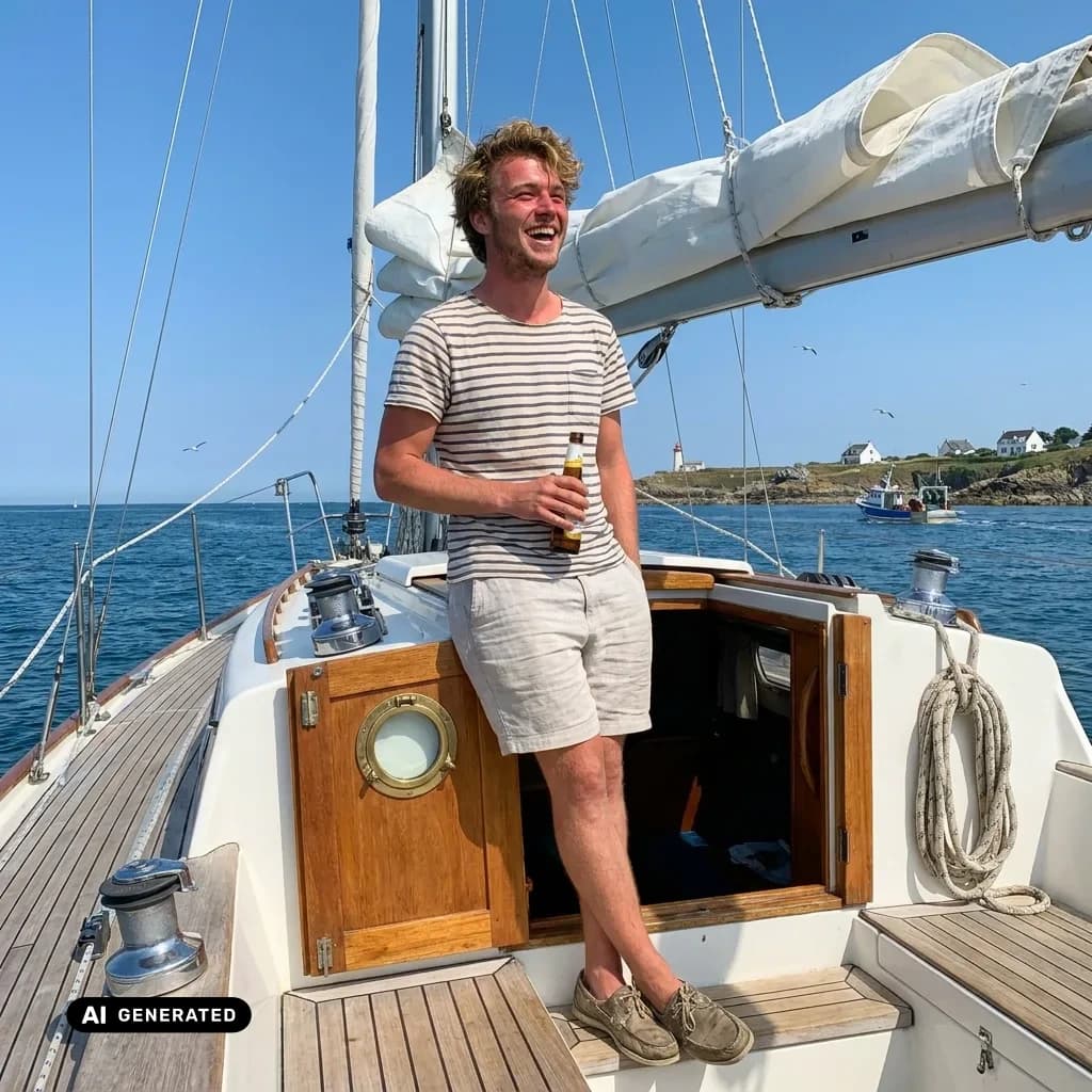 Sample AI dating photo — sailboat deck — AI-generated