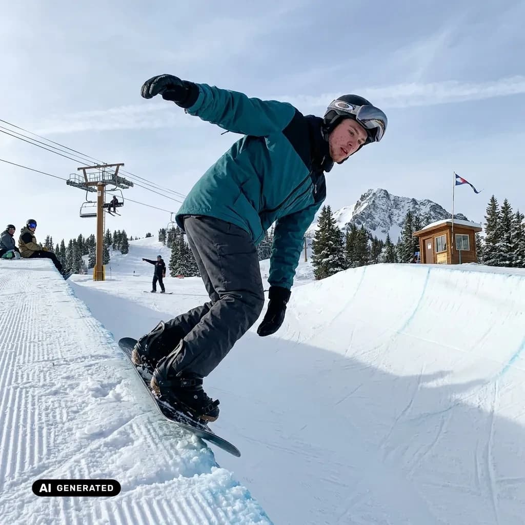 Sample AI dating photo — snowboard halfpipe — AI-generated