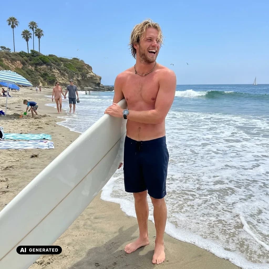 Sample AI dating photo — surfing on the beach — AI-generated