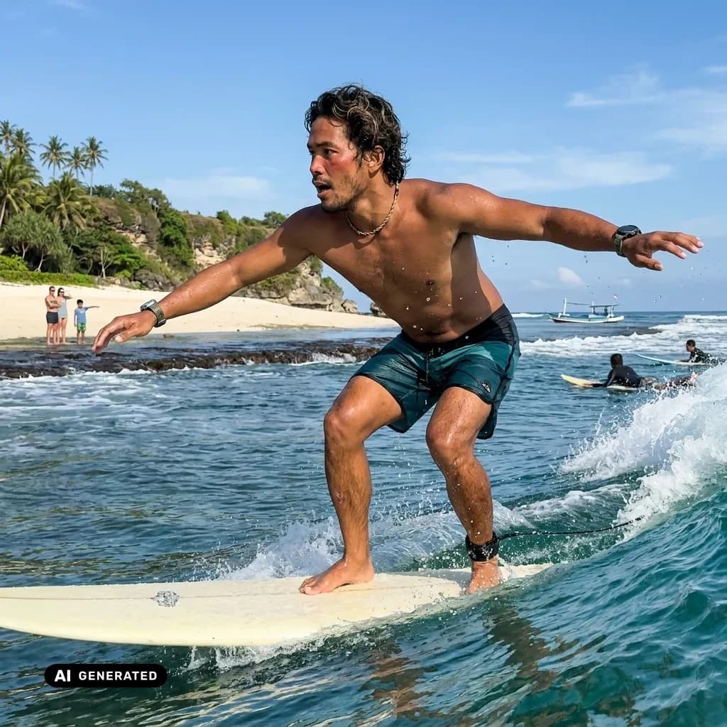 Sample AI dating photo — surfing pop-up — AI-generated