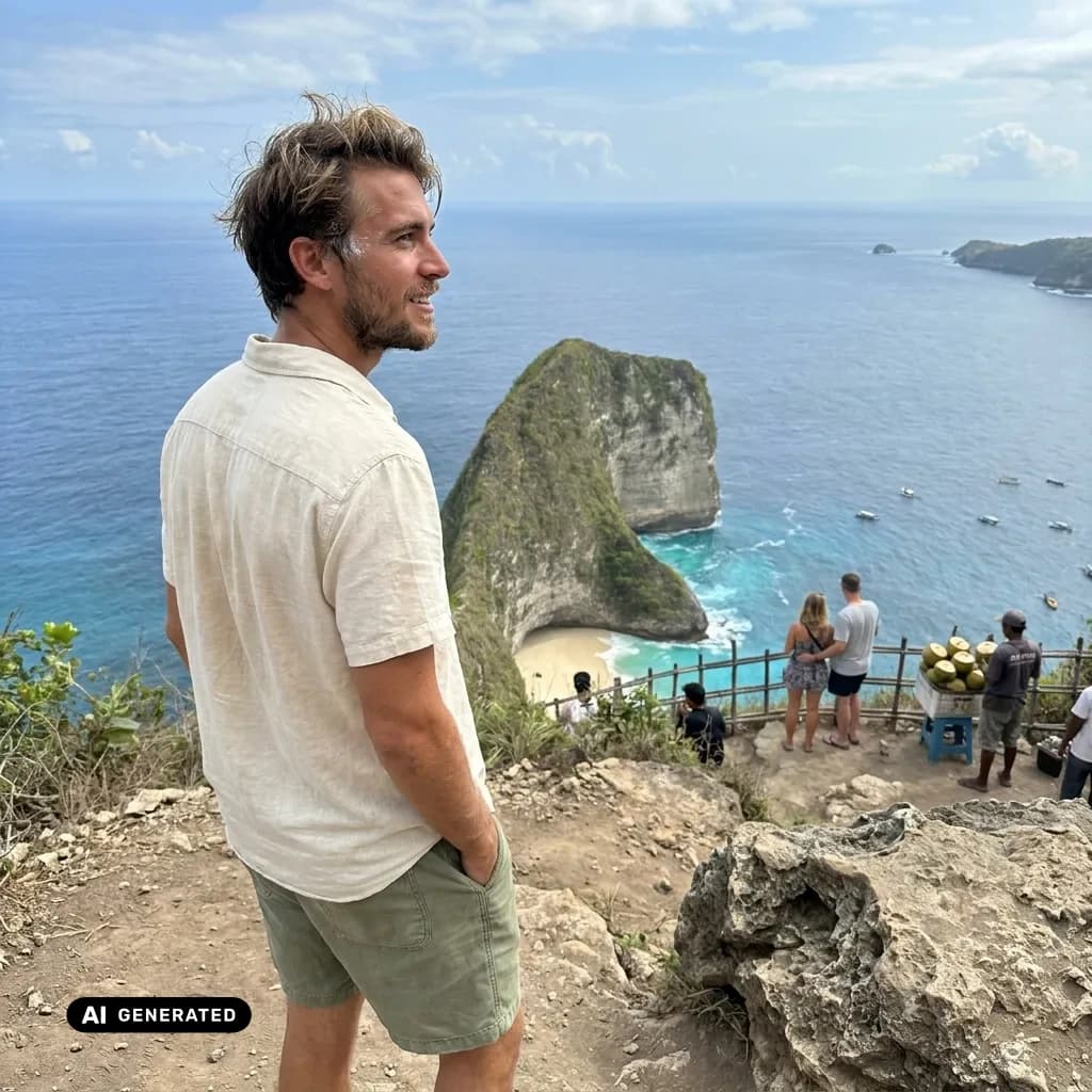 Sample AI dating photo — Nusa Penida cliffs — AI-generated