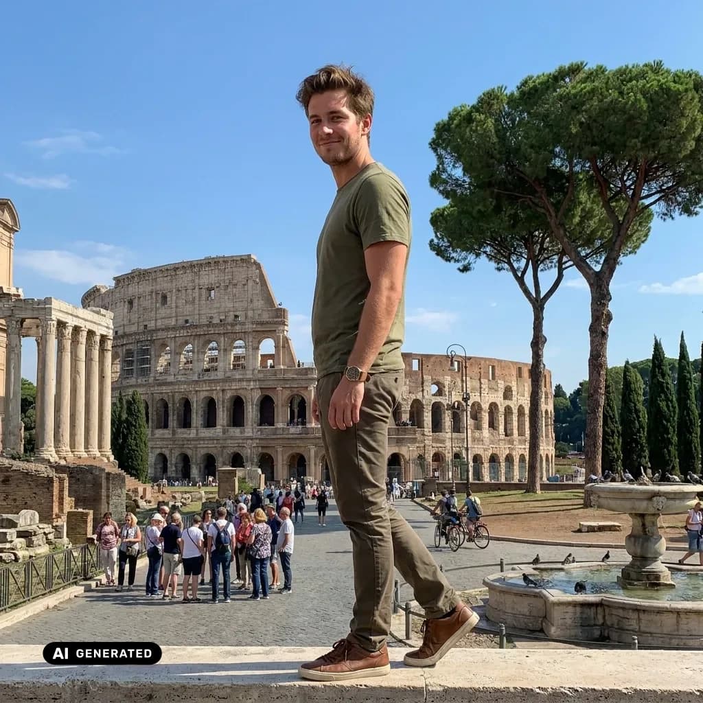 Sample AI dating photo — Rome Colosseum — AI-generated