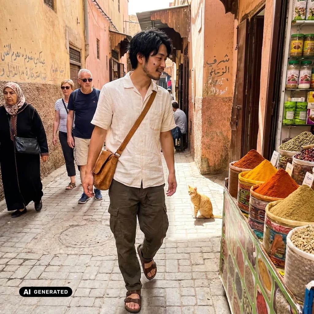 Sample AI dating photo — Marrakech medina — AI-generated